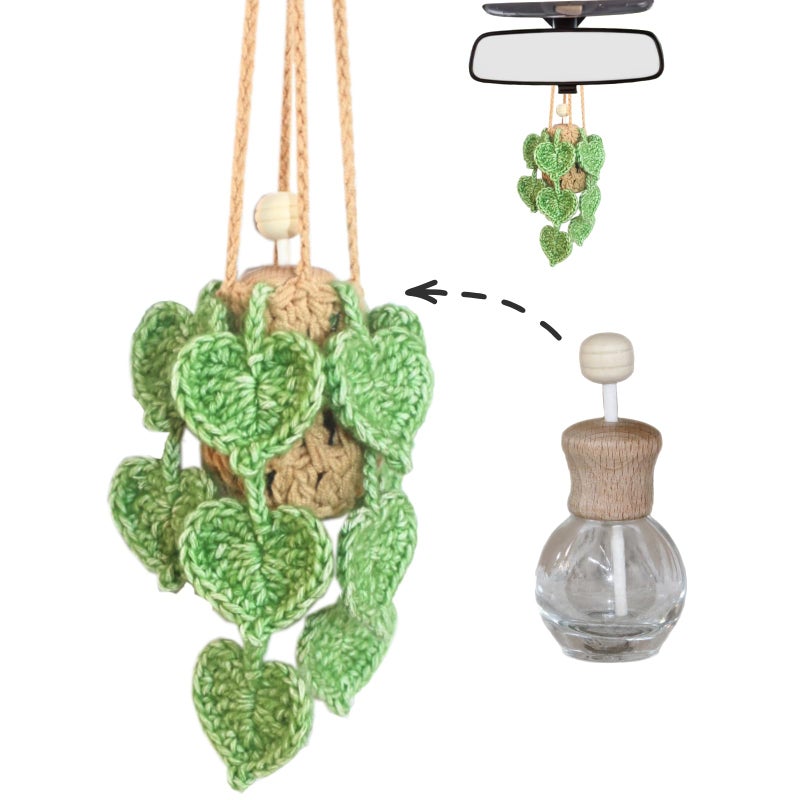 ROFIGL Handmade Crochet Hanging Car Air Freshener- Lifelike Green Pothos for Hanging with 12ml Thick Refillable Glass Diffuser Bottle, Suitable Decor for Car Rearview Mirror, Home & Wellness Spaces - Image 1