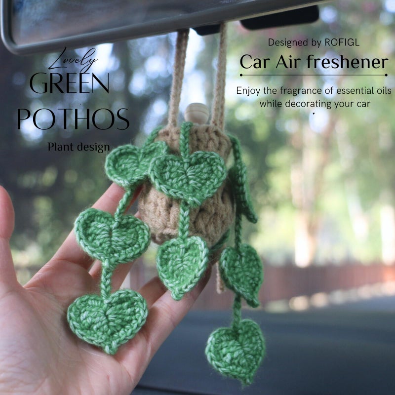 ROFIGL Handmade Crochet Hanging Car Air Freshener- Lifelike Green Pothos for Hanging with 12ml Thick Refillable Glass Diffuser Bottle, Suitable Decor for Car Rearview Mirror, Home & Wellness Spaces - Image 2