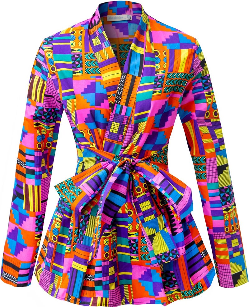 SHENBOLEN Women African Traditional Batik Print Long Sleeve Shirt Dashiki Casual Cotton Shirt(Small,I) - Image 1