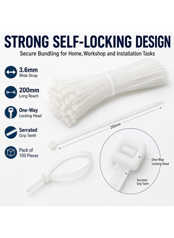 100PCS Heavy Duty White Nylon Cable Ties 200mm × 3.6mm, Extra Wide Self-Locking Zip Ties for Electrical Wires, Home, Garden, Automotive, Workshop and DIY Organization - Image 2