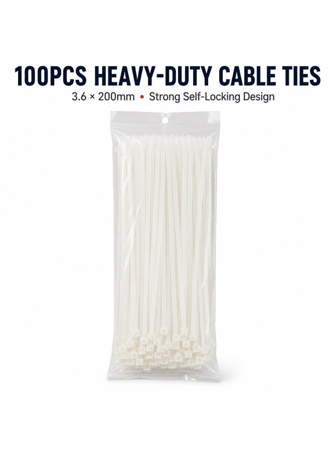 100PCS Heavy Duty White Nylon Cable Ties 200mm × 3.6mm, Extra Wide Self-Locking Zip Ties for Electrical Wires, Home, Garden, Automotive, Workshop and DIY Organization - Image 1