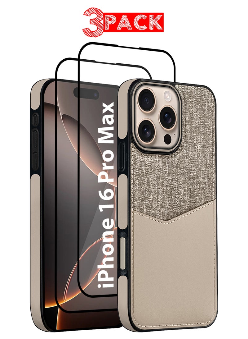 CATANES 3Packs iPhone 16 Pro Max Card Case Leather Back Cover with Card Holder, Slim and Lightweight, 1-2 Cards with Two 3D Screen Protectors- Cream  - Image 1