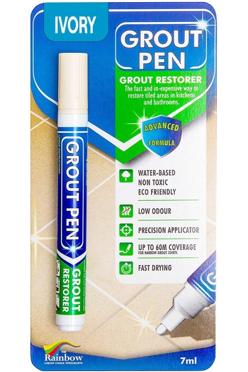 Rainbow Chalk Markers Limited قلم تجديد الفواصل العاجي رينبو 5 مم للبلاط – قلم إصلاح وتلوين الفواصل مقاوم للماء والعفن لتجديد فواصل بلاط الحمام والمطبخ والأرضيات والجدران بلون عاجي - Image 1