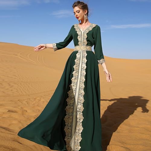 ODIZLI Abaya Dress for Women Moroccan Kaftan Dubai Fancy Long Sleeve Kaftan Dresses Moroccan Traditional Ethnic Shirts Dress Robe Wedding Party Attire Jalabiya Mubarak Eid Ramadan Outfits Dark Green S - Image 2