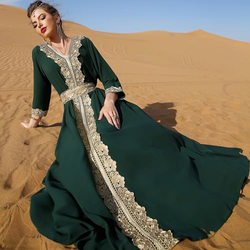 ODIZLI Abaya Dress for Women Moroccan Kaftan Dubai Fancy Long Sleeve Kaftan Dresses Moroccan Traditional Ethnic Shirts Dress Robe Wedding Party Attire Jalabiya Mubarak Eid Ramadan Outfits Dark Green S - Image 5