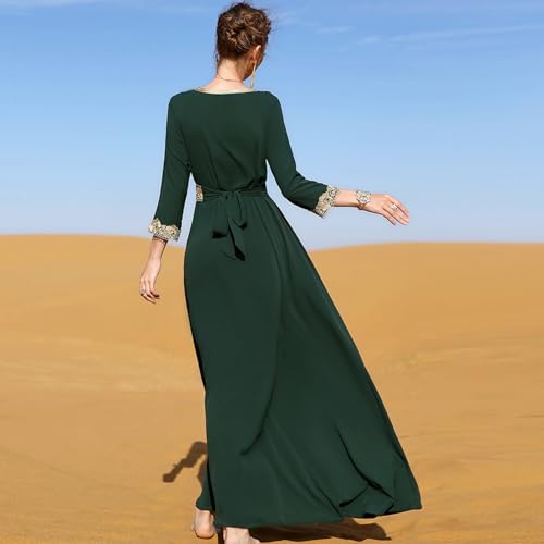ODIZLI Abaya Dress for Women Moroccan Kaftan Dubai Fancy Long Sleeve Kaftan Dresses Moroccan Traditional Ethnic Shirts Dress Robe Wedding Party Attire Jalabiya Mubarak Eid Ramadan Outfits Dark Green S - Image 4
