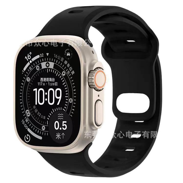 سوار ساعة ذكية سوار رياضي من السيليكون متوافق مع Apple Watch 42/44/45/49mm بملاءمة قابلة للتعديل وحزام بديل باللون أسود قابل للتعديل - Image 1