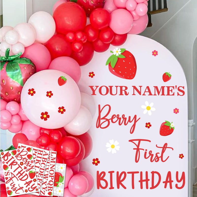 kokolap Name Personalized Berry First Birthday Party Decals for Backdrop Sweet Baby Girl Birthday Sign for Balloon Arch Strawberry 1st Birthday Decoration Supplies DIY Sweet One Photo Background Vinyl Sticker - Image 1