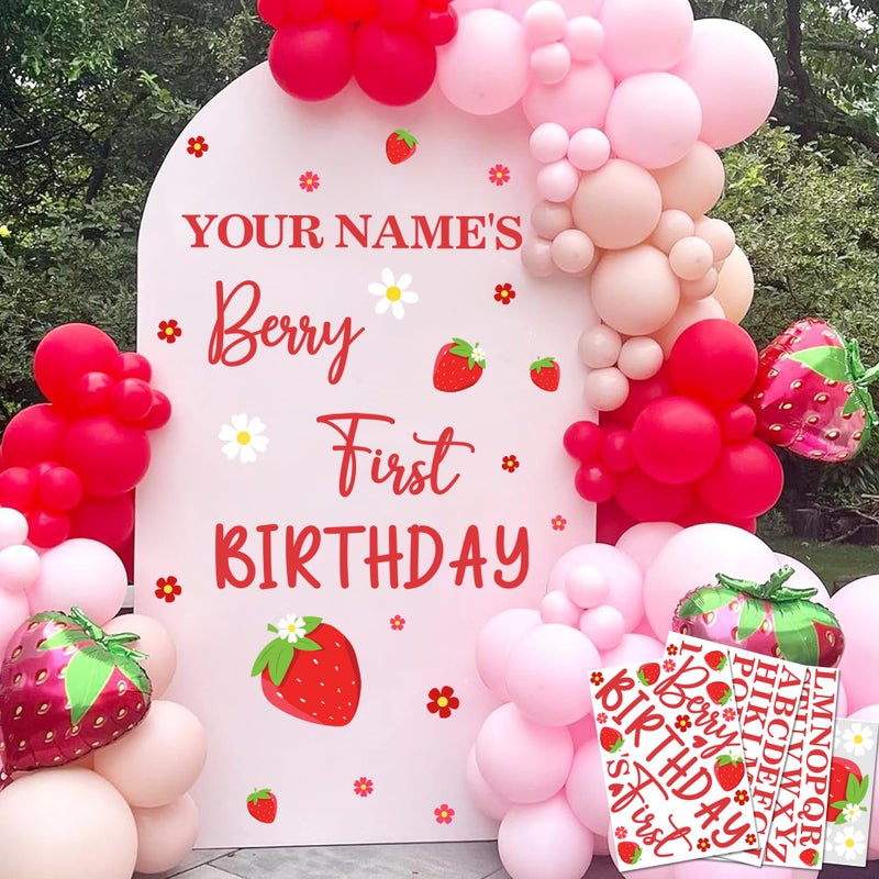 kokolap Name Personalized Berry First Birthday Party Decals for Backdrop Sweet Baby Girl Birthday Sign for Balloon Arch Strawberry 1st Birthday Decoration Supplies DIY Sweet One Photo Background Vinyl Sticker - Image 3