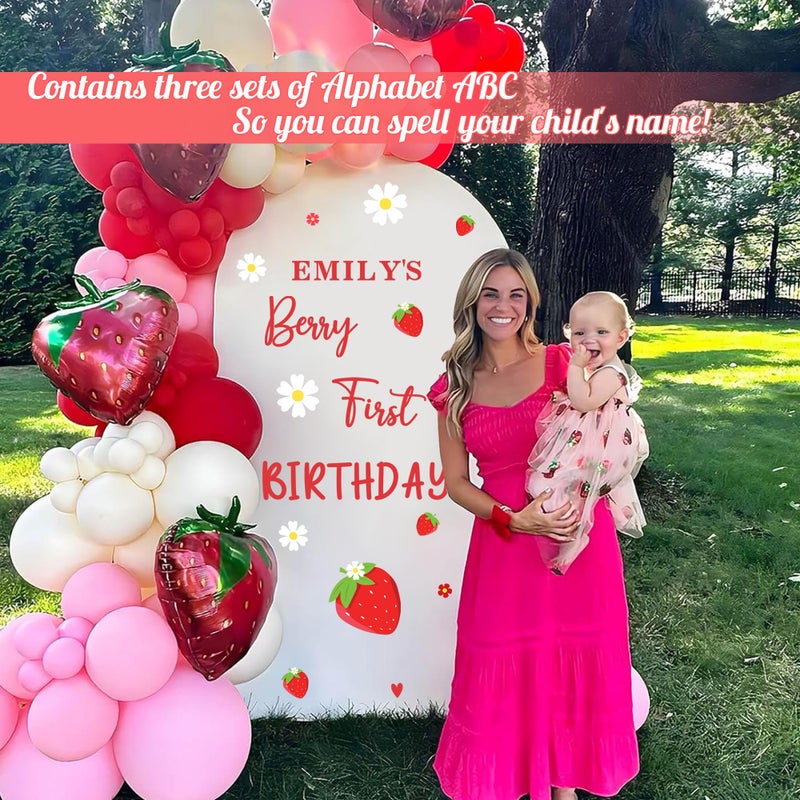 kokolap Name Personalized Berry First Birthday Party Decals for Backdrop Sweet Baby Girl Birthday Sign for Balloon Arch Strawberry 1st Birthday Decoration Supplies DIY Sweet One Photo Background Vinyl Sticker - Image 2