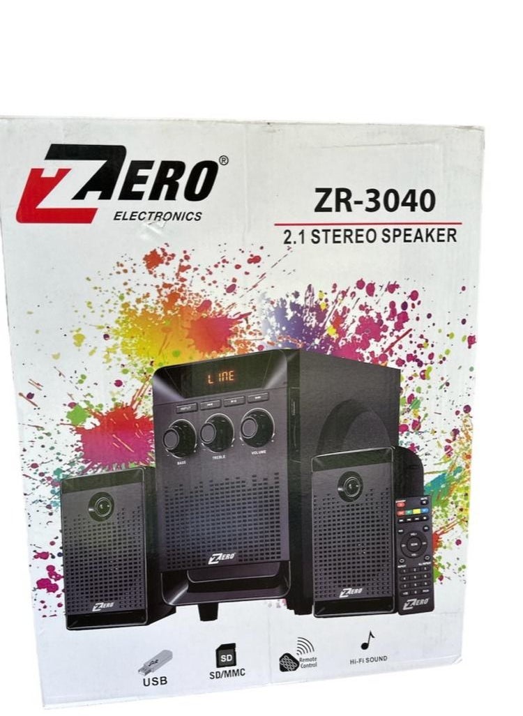 زيرو صب ووفر 2.1 ZR 3040 يدعم فلاشة وكارت ميموري وبلوثوث مع ريموت كنترول للتحكم بسهوله أسود