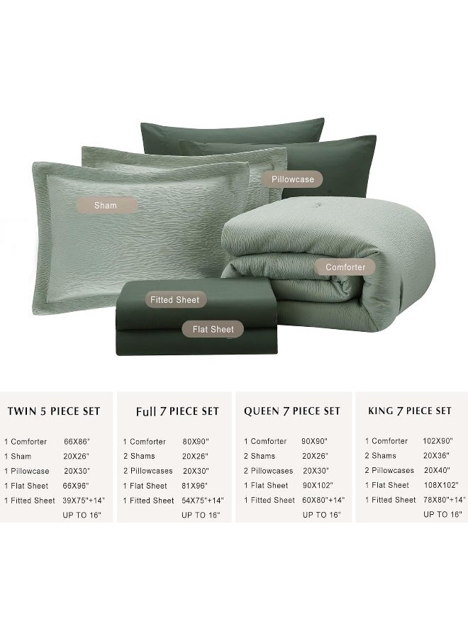 Generic - MaiRêve Sage Green Comforter King Size, King Size Comforter Set Crinkle Design, All Season Comfortable King Bedding Set 7 Pieces with Sheets, Comforter, Pillowcases & Shams (King, 102"x90") - Image 1