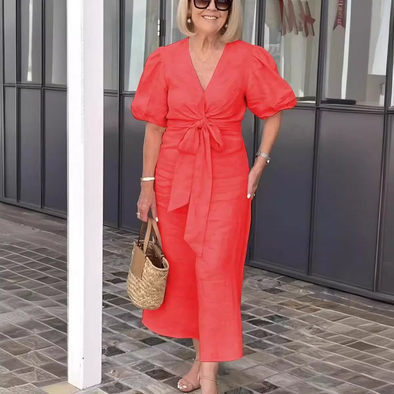 Women's V-Neck Tie Front Puff Sleeve Cotton Dress - Image 4