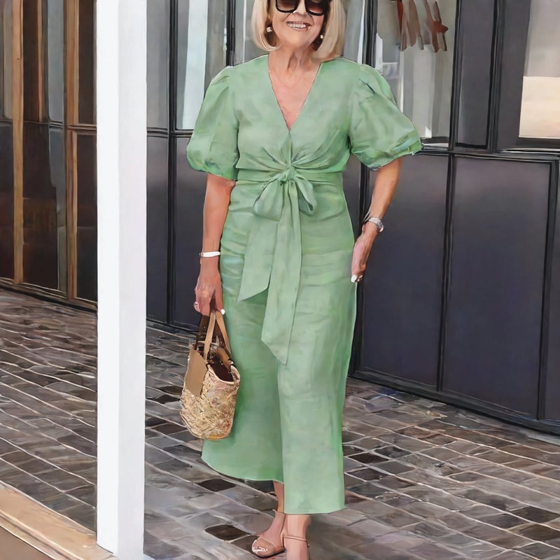 Women's V-Neck Tie Front Puff Sleeve Cotton Dress - Image 3
