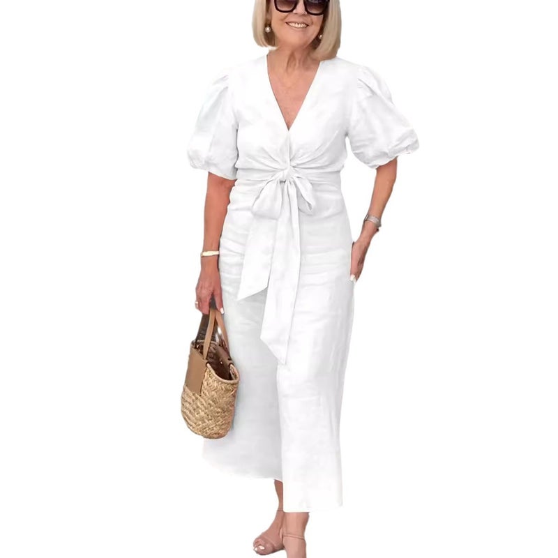 Women's V-Neck Tie Front Puff Sleeve Cotton Dress - Image 5