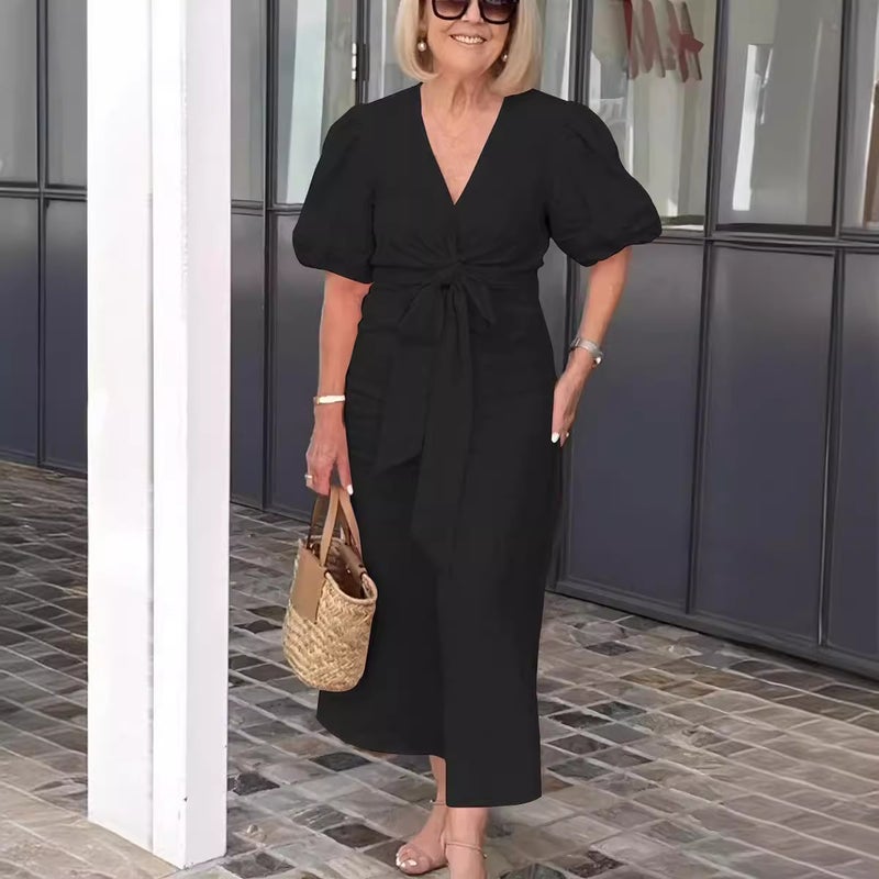 Women's V-Neck Tie Front Puff Sleeve Cotton Dress - Image 2