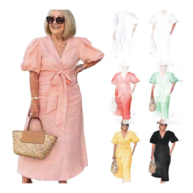 Women's V-Neck Tie Front Puff Sleeve Cotton Dress - Image 1