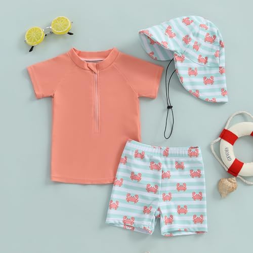 DuAnyozu Baby Boys Swimsuit Long Sleeve Rash Guard Swimwear Baby Boy Gril Swim with Hat Set 3-Piece Toddler Bathing Suit (S-Orange, 12-18 Months) - Image 2