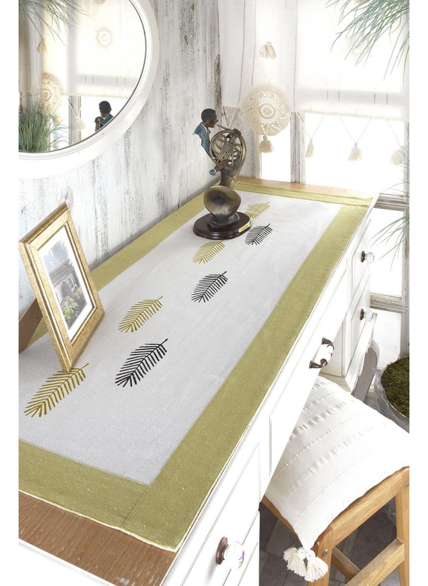 Ödel Home Buldan Linen Bordered Stone Printed Leaf Patterned Runner  - Image 1