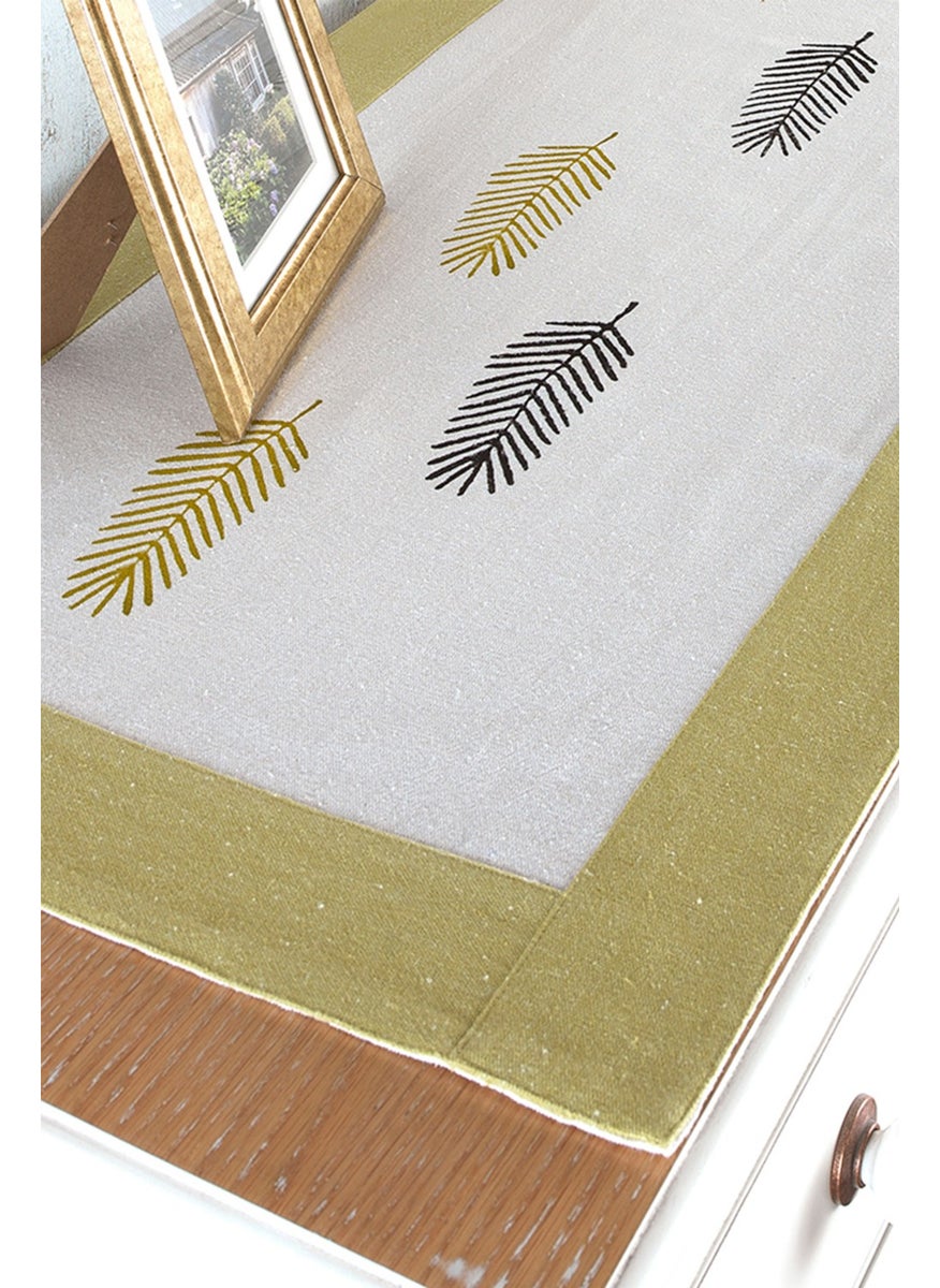 Ödel Home Buldan Linen Bordered Stone Printed Leaf Patterned Runner  - Image 2