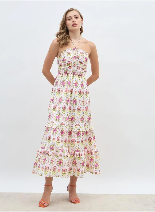 Styli Styli All-Over Print Halter Neck Tiered Maxi Dress