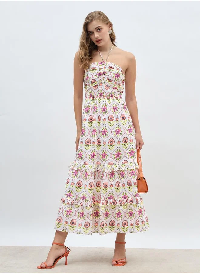 Styli Styli All-Over Print Halter Neck Tiered Maxi Dress