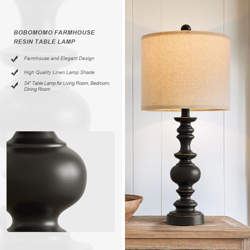 BOBOMOMO 24" Traditional Farmhouse Table Lamp Set of 2, Vintage Resin Lamps for Living Room Bedroom, Rustic Nightstand Lamp with Linen Shades, Retro Black Table Lamps for Living Room, Bedroom, Office - Image 3