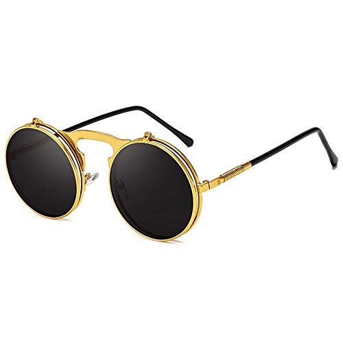 Visions India Unisex UV 400 Protected Flip Up Steampunk Retro Vintage Round Sunglasses (69801-Gold) - Image 1