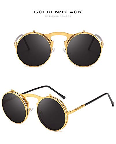 Visions India Unisex UV 400 Protected Flip Up Steampunk Retro Vintage Round Sunglasses (69801-Gold) - Image 4