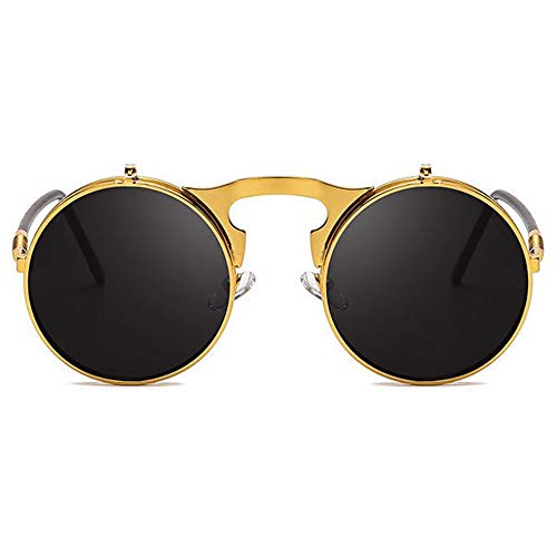 Visions India Unisex UV 400 Protected Flip Up Steampunk Retro Vintage Round Sunglasses (69801-Gold) - Image 2