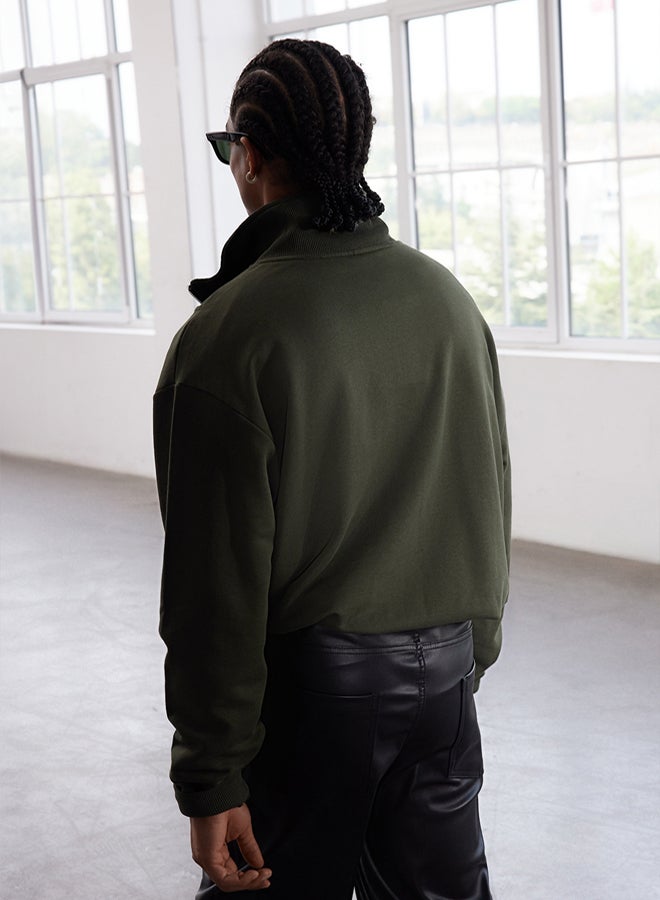 trendyol Limited Edition Khaki Oversize/Wide Cut Stand Collar Zippered Sweatshirt TMNAW25SW00141 - Image 4