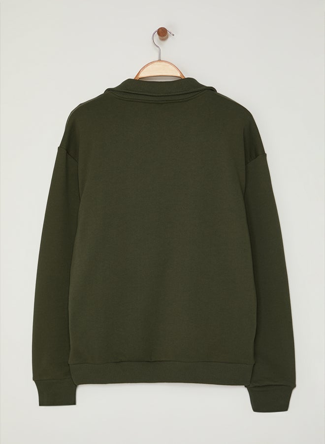 trendyol Limited Edition Khaki Oversize/Wide Cut Stand Collar Zippered Sweatshirt TMNAW25SW00141 - Image 5