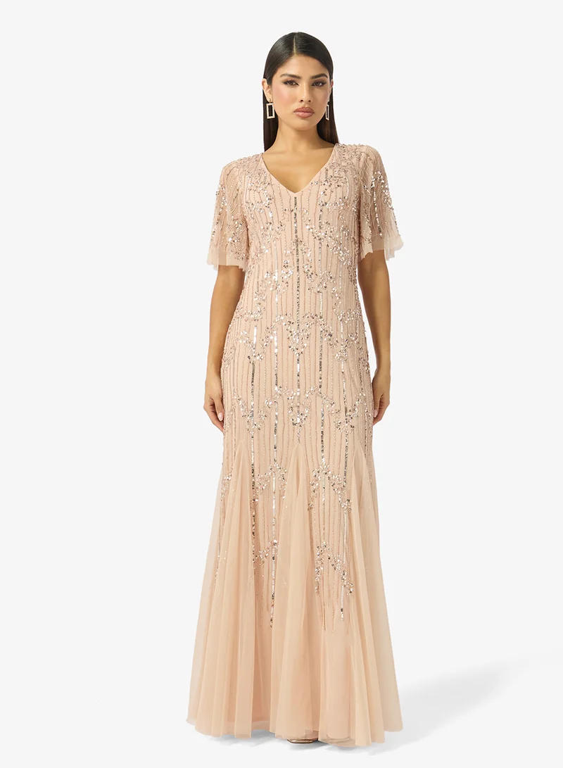 V Neck Bead Embellished Evening Mermaid Gown