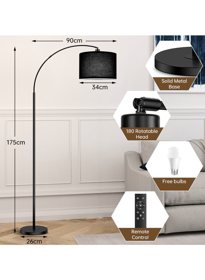 Modern Floor Lamp with Remote Control - 3 Color Temperatures & Stepless Dimming, Adjustable Lampshade, 12W LED Bulb Included for Living Room, Bedroom, Office - Tall Standing Light (Black)
