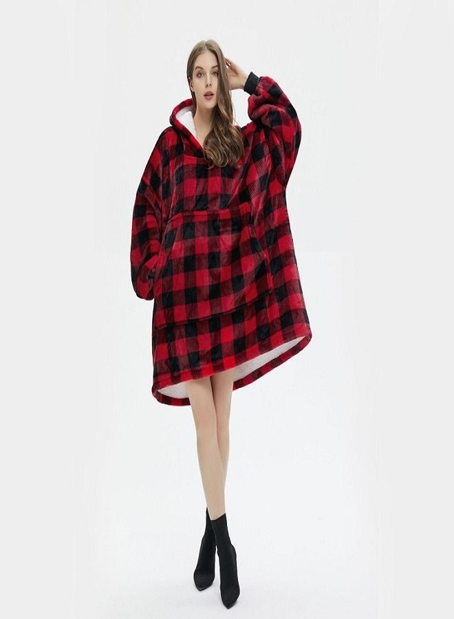 Blanket Sweatshirts for Women Men Large Warm Cozy Plush Fleece Hooded Blankets Sweater with Giant Front Pocket for Adults Teens (Plaid Red)  - Image 1