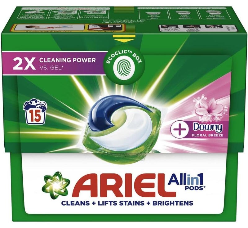 اريال الكل في 1 كبسولات غسيل الملابس برائحة انتعاش الزهور من داوني قوة تنظيف 2X (15 كبسولة)  صندوق ايكوكليك - Image 1