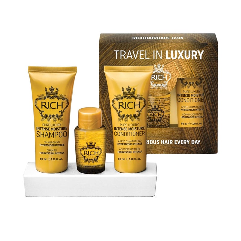 RICH RICH Travel in Luxury Gift Set - Intense Moisture Shampoo 1.70 Fl Oz, Conditioner 1.70 Fl Oz, Argan Oil Elixir 1.0 Fl Oz for moisturzing hair
