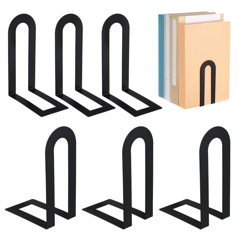 Chunful 6 Pcs Modern Metal Book Ends for Shelves Decorative Small Bookends Book Shelf Organizer Minimalist Design Stopper to Hold Books for Home Office (Black,5.5 * 3.75 * 2.25inch) - Image 1