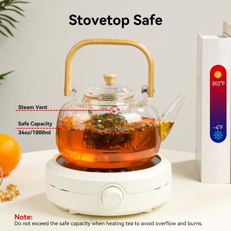 GURUDAR 49OZ/1450ML Glass Teapot with Removable Infuser & Lid, Stovetop & Microwave Safe Clear Borosilicate Glass Tea Maker Water Kettle for Loose Leaf Blooming Tea - Image 4