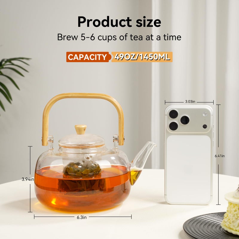 GURUDAR 49OZ/1450ML Glass Teapot with Removable Infuser & Lid, Stovetop & Microwave Safe Clear Borosilicate Glass Tea Maker Water Kettle for Loose Leaf Blooming Tea - Image 3