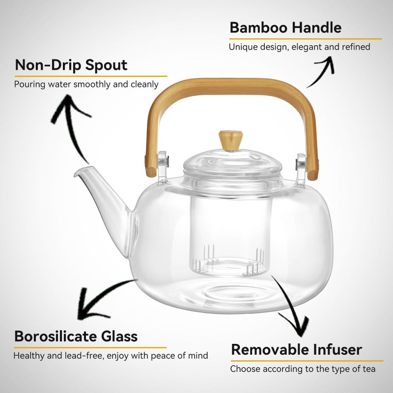GURUDAR 49OZ/1450ML Glass Teapot with Removable Infuser & Lid, Stovetop & Microwave Safe Clear Borosilicate Glass Tea Maker Water Kettle for Loose Leaf Blooming Tea - Image 2