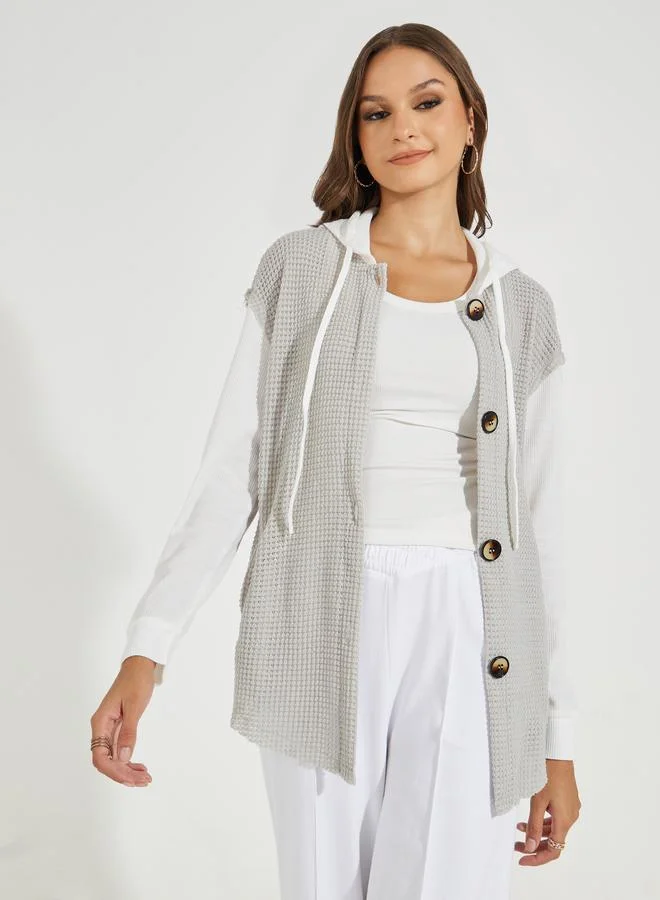 Take Two Color Block Textured Hooded Jacket with Buttons