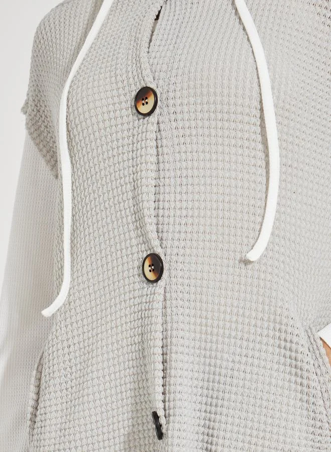 Take Two Color Block Textured Hooded Jacket with Buttons