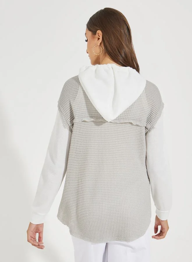 Take Two Color Block Textured Hooded Jacket with Buttons