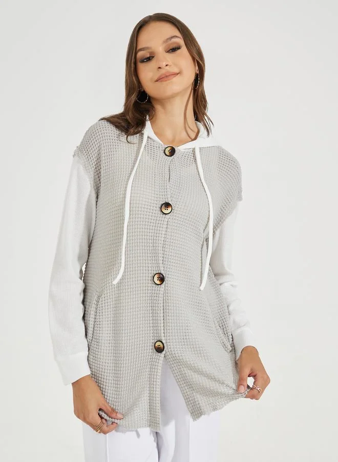 Take Two Color Block Textured Hooded Jacket with Buttons