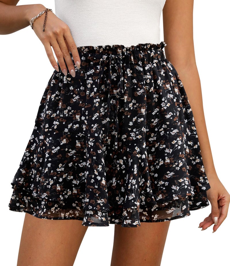 LOMMOJ Shorts for Women Summer Casual Ruffle Chiffon Skorts Boho Mini Skirts Black White Floral M - Image 1