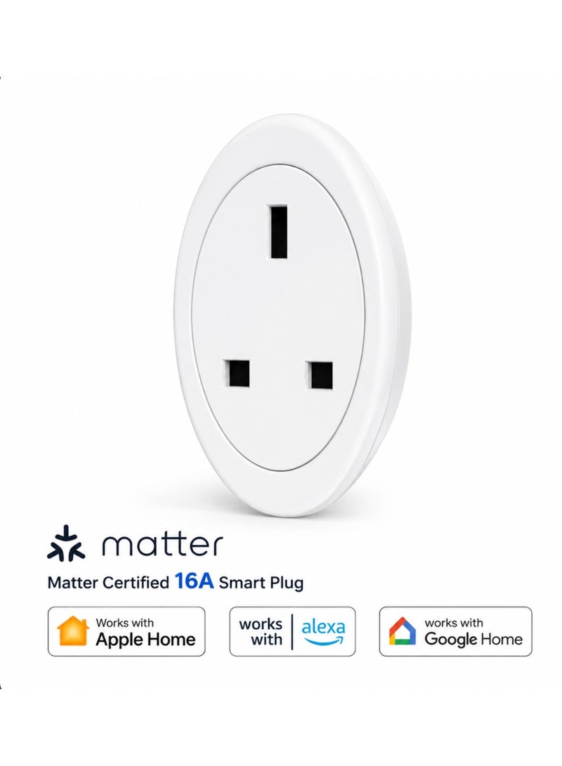 مقبس ذكي واي فاي معتمد من ماتر 16 أمبير (UK) - يعمل بسلاسة مع أبل هوم كيت (Apple HomeKit)، سيري، أليكسا وجوجل هوم، بدون حاجة لموزع، أبيض - Image 1