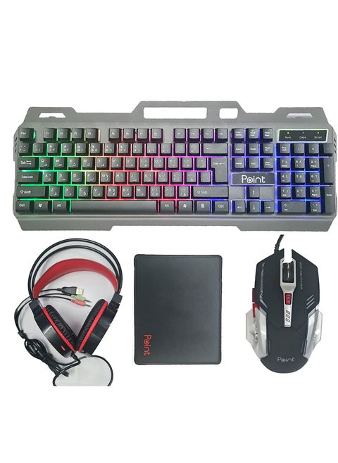 كومبو بوينت PT-1000 - لوحة مفاتيح 4 في 1 للألعاب ، سماعة رأس للألعاب USB ، فأرة ألعاب 3200 نقطة في البوصة وماوس باد - متعدد الألوان