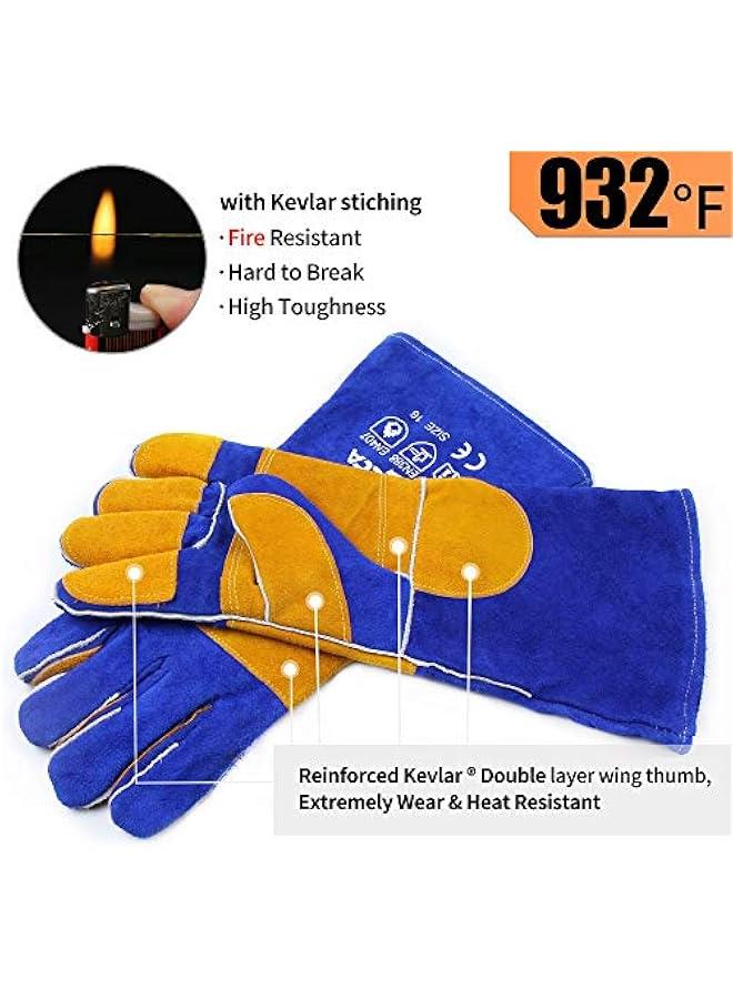 Generic Welding Gloves Fire Heat Resistant: Blue 16IN 932℉ - Fireproof Leather For Stick Mig Flux-Core Welder Forge Blacksmith Fireplace Wood Stove Fire Pit Furnace Handling Dry ice - One Size - Image 3