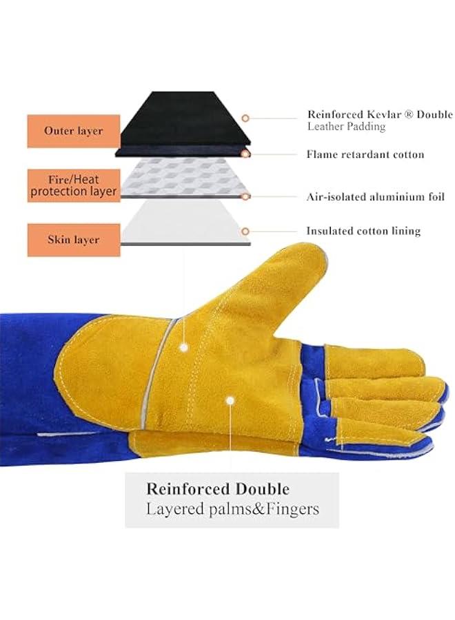 Generic Welding Gloves Fire Heat Resistant: Blue 16IN 932℉ - Fireproof Leather For Stick Mig Flux-Core Welder Forge Blacksmith Fireplace Wood Stove Fire Pit Furnace Handling Dry ice - One Size - Image 4